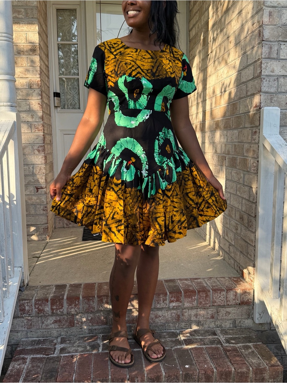 Bold Custard & Green Floral Fit-and-Flare African Print Batik Pattern Dress